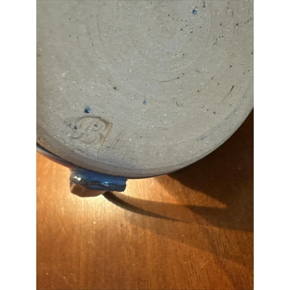 VTG small Studio Pottery jug with cork stopper semi-matte blue Stamped B‎